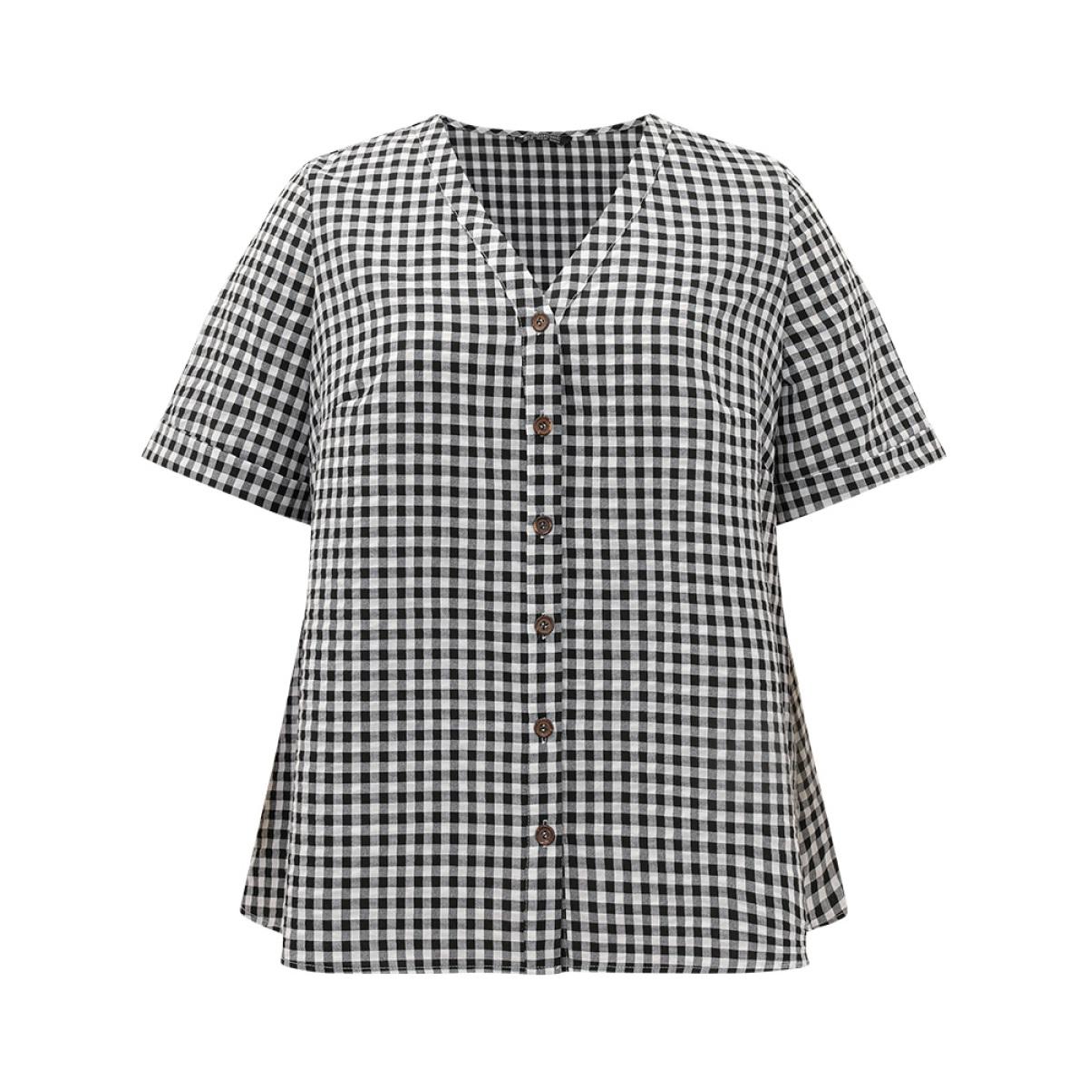 Plus Size Black Gingham V Neck Button Through Blouse Women Office Short sleeve V-neck Work Blouses BloomChic 22-24/3X Product Image