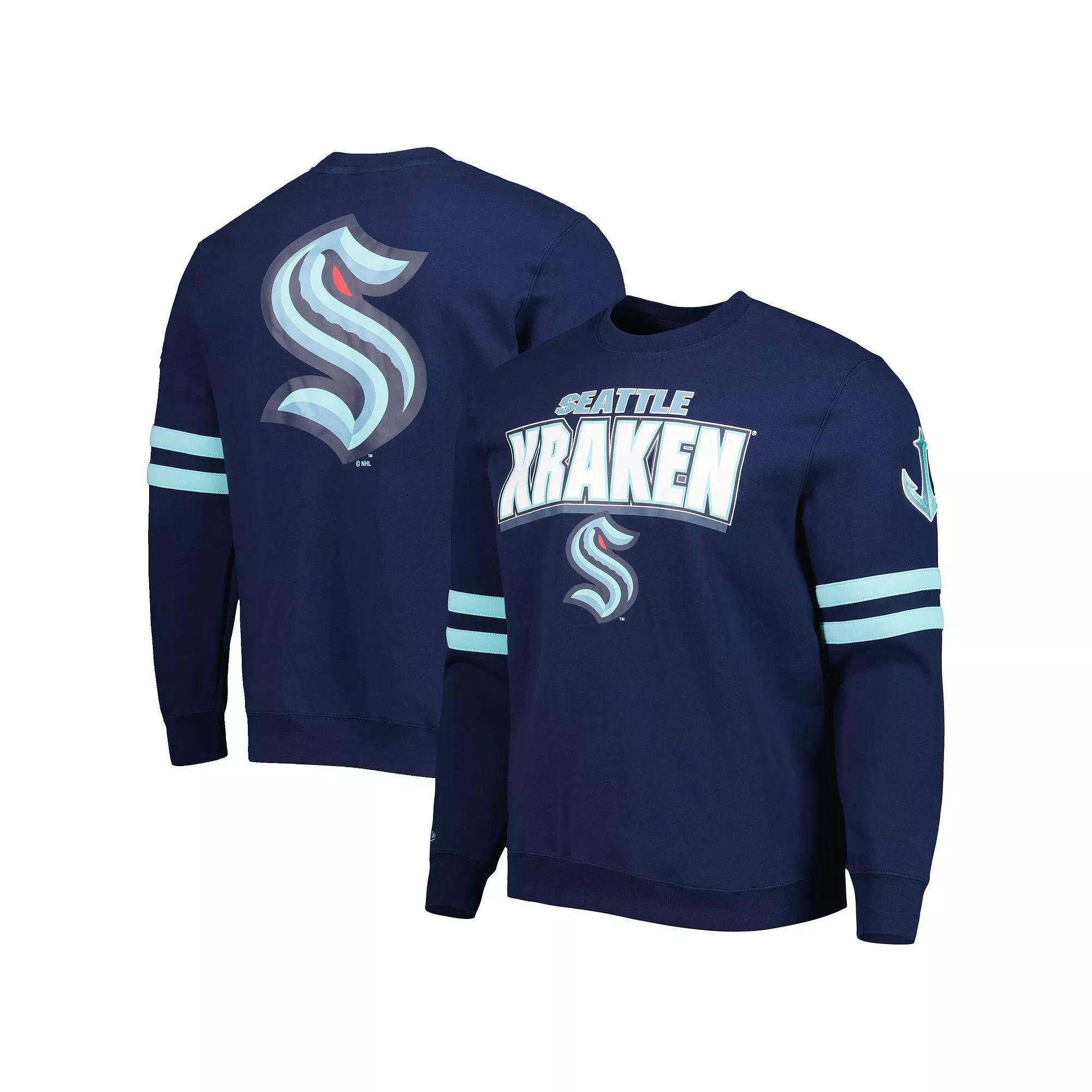 Men's Mitchell & Ness Deep Sea Blue Seattle Kraken Allover Logo Pullover Sweatshirt,  Product Image