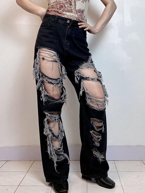 Distressed Design With High Waist And Slimming Effect Ripped Jeans Product Image