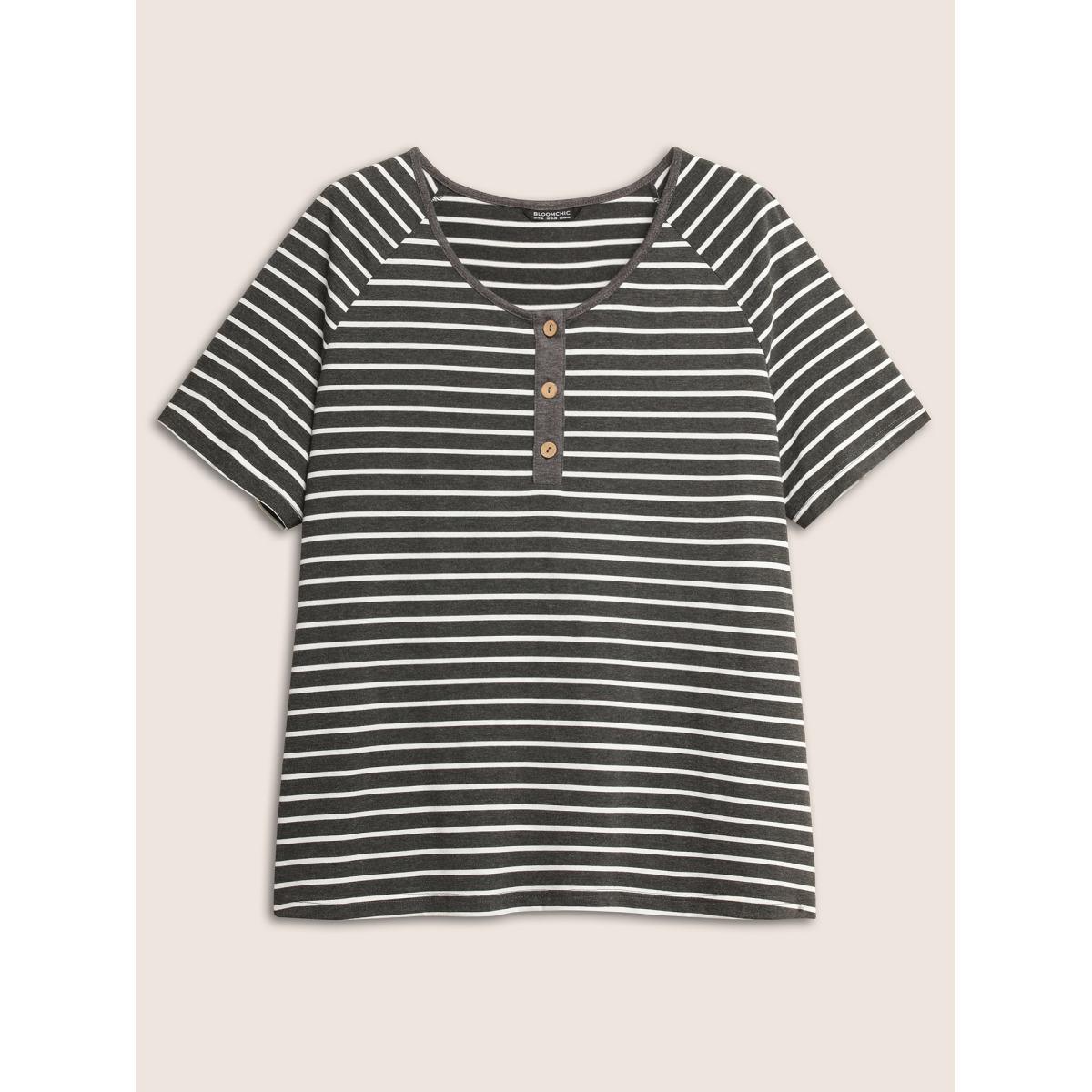 Plus Size Striped Button Up Raglan Sleeve T-shirt Gray Women Casual Contrast Striped Round Neck Everyday T-shirts BloomChic 18-20/2X Product Image