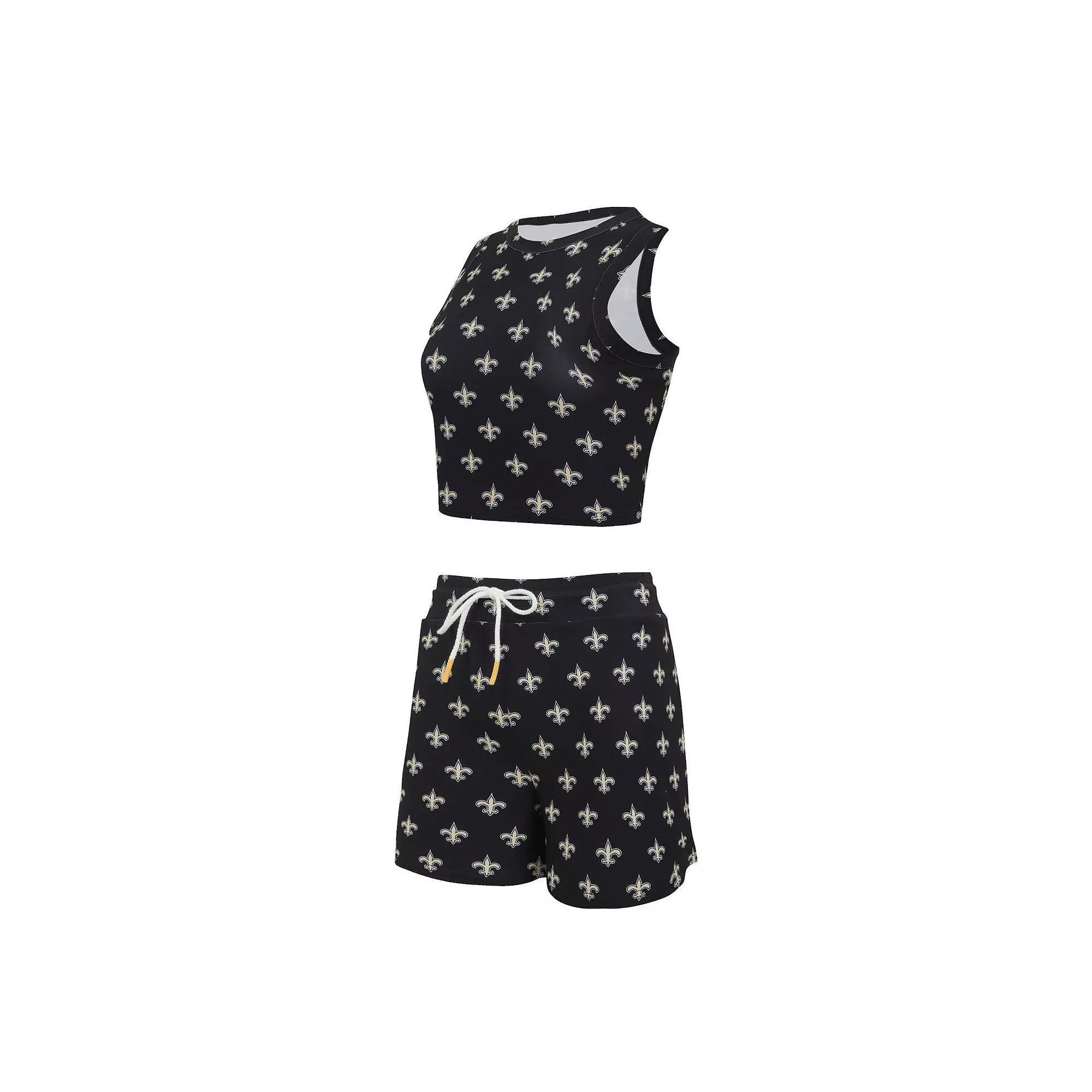 Women's Concepts Sport New Orleans Saints Gauge Allover Print Cropped Tank Top & Shorts Sleep Set, Size: 3XL, Black Product Image