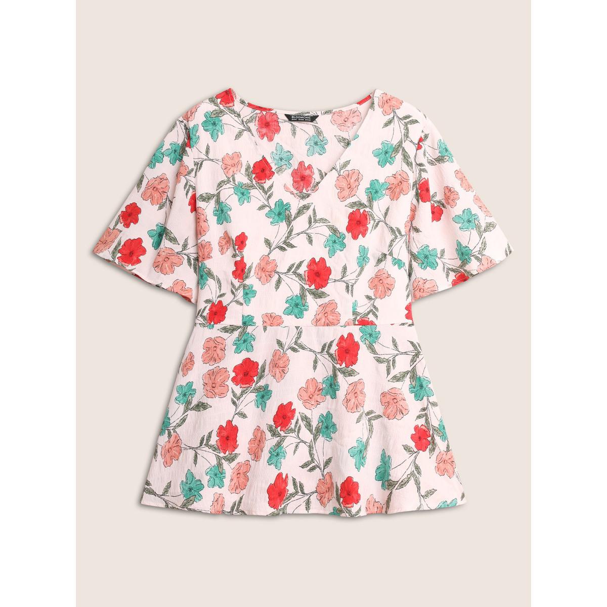 Plus Size Multicolor V Neck Floral Print Ruffle Sleeve Blouse Women Elegant Short sleeve V-neck Everyday Blouses BloomChic 10/M Product Image