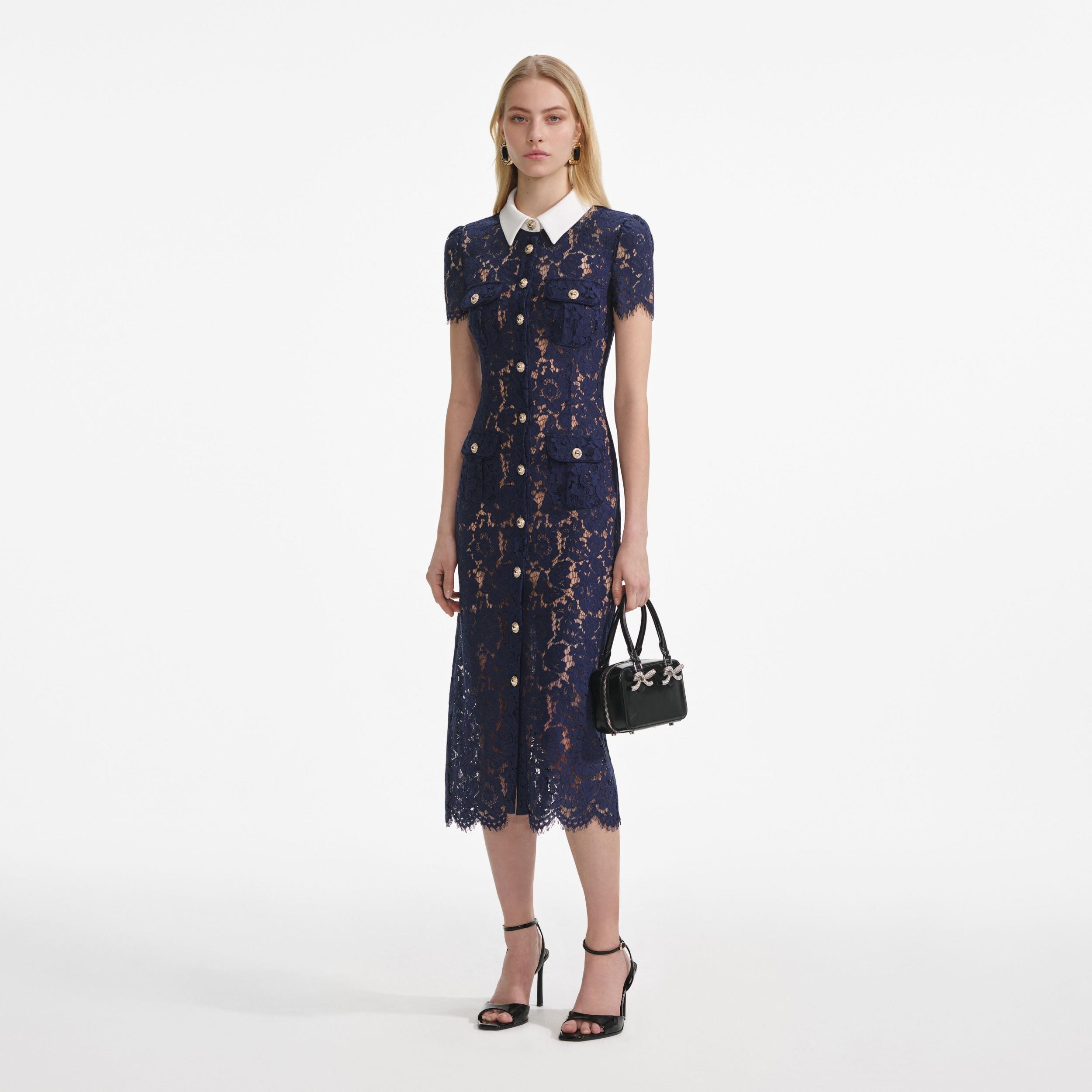 Navy Lace Contrast Collar Midi Dress Product Image