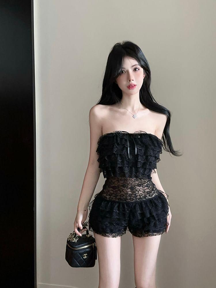 Plain Bow Tiered Lace Tube Romper Product Image