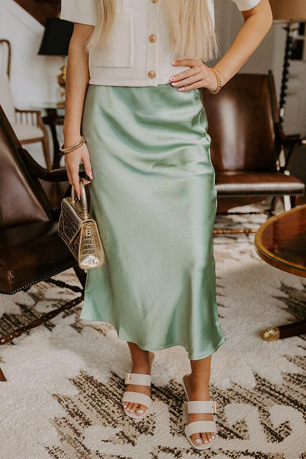 The Adeline High Waist Satin Midi Skirt in Sage Product Image
