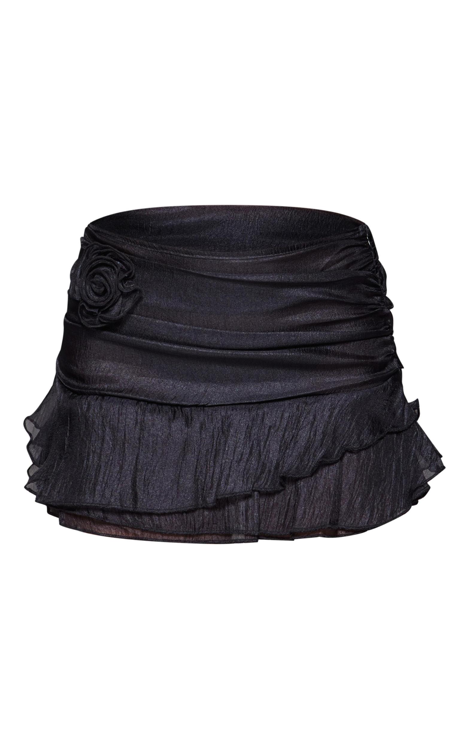  Black Irridescent Chiffon Rose Detail Mini Skirt Product Image