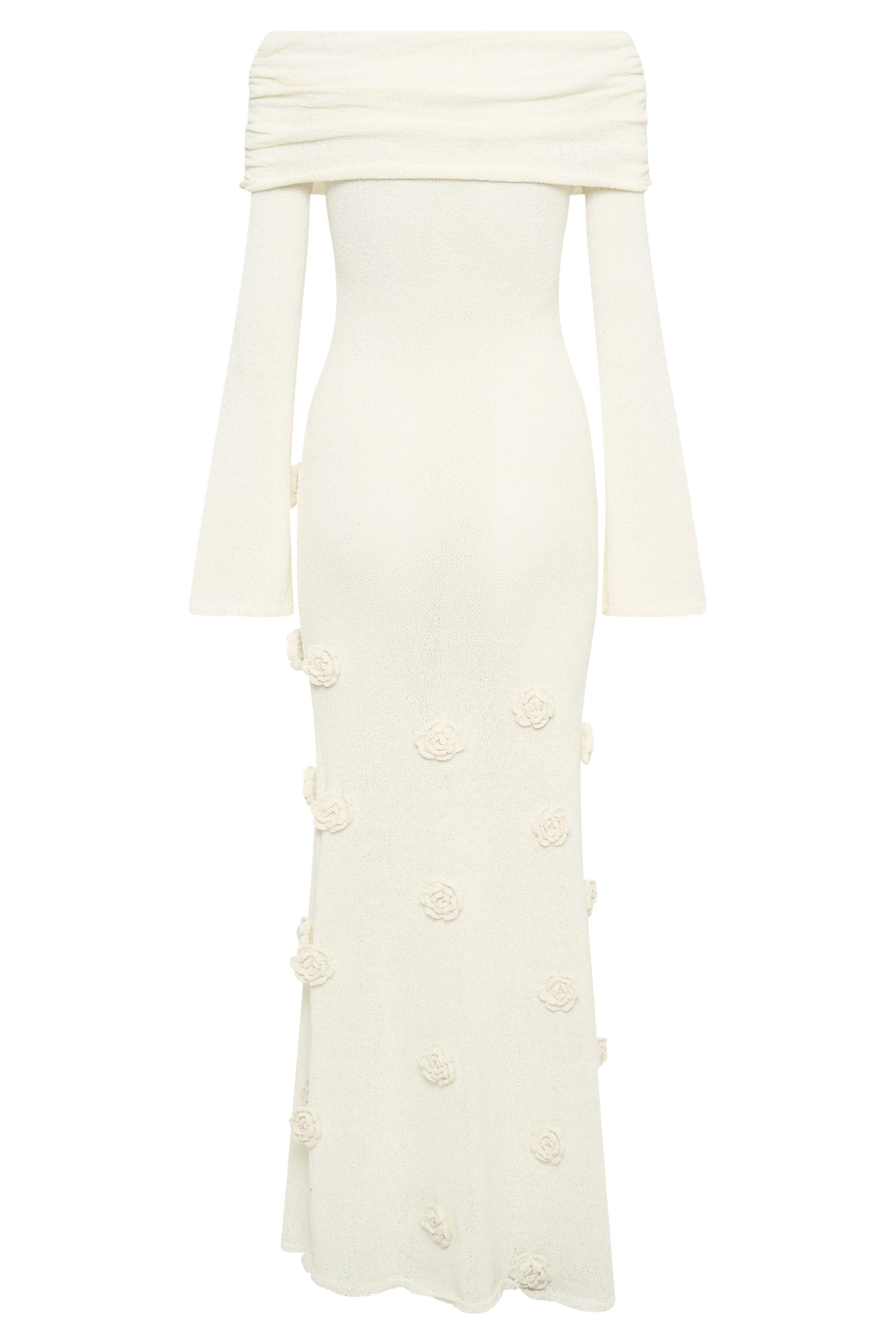 Kiki Off Shoulder Knit Rose Maxi Dress - Ivory Product Image
