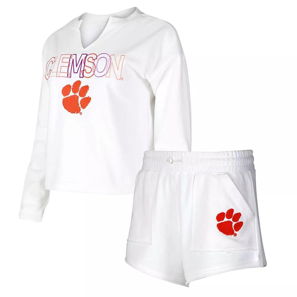 Women's Concepts Sport  White Clemson Tigers Sunray Notch Neck Long Sleeve T-Shirt & Shorts Set, Size: Medium Product Image