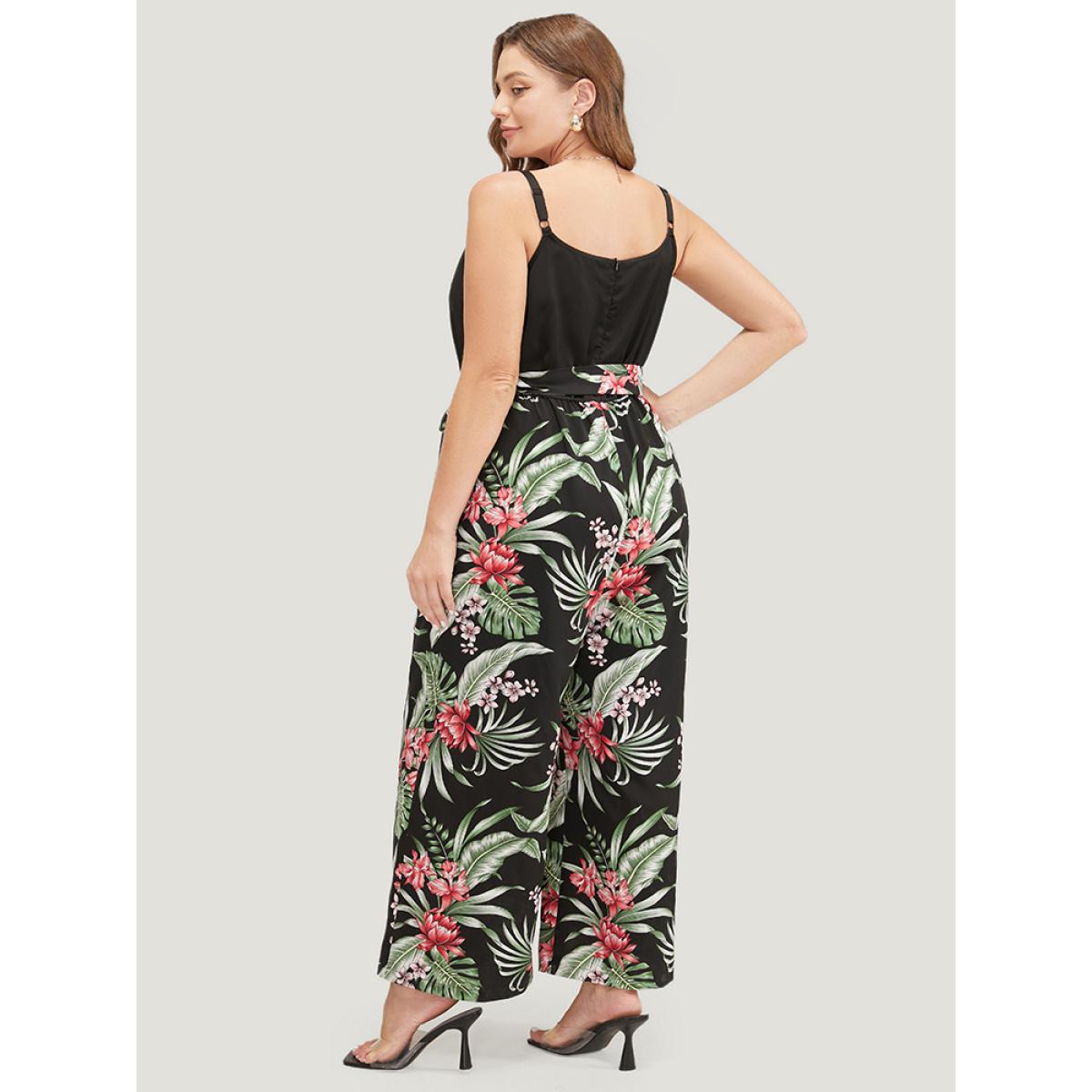 Plus Size Black Tropical Patchwork Cowl Neck Pocket Belted Cami Jumpsuit Women Vacation Sleeveless Cowl Neck Dailywear Loose Jumpsuits BloomChic 22-24/3X Product Image