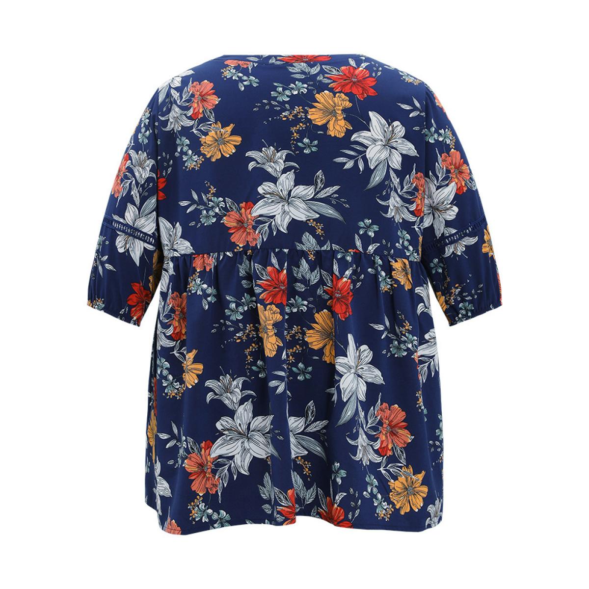 Plus Size Indigo Floral Lantern Sleeve Lace Gathered Notched Blouse Women Elegant Elbow-length sleeve Notched collar Dailywear Blouses BloomChic 26/4X Product Image