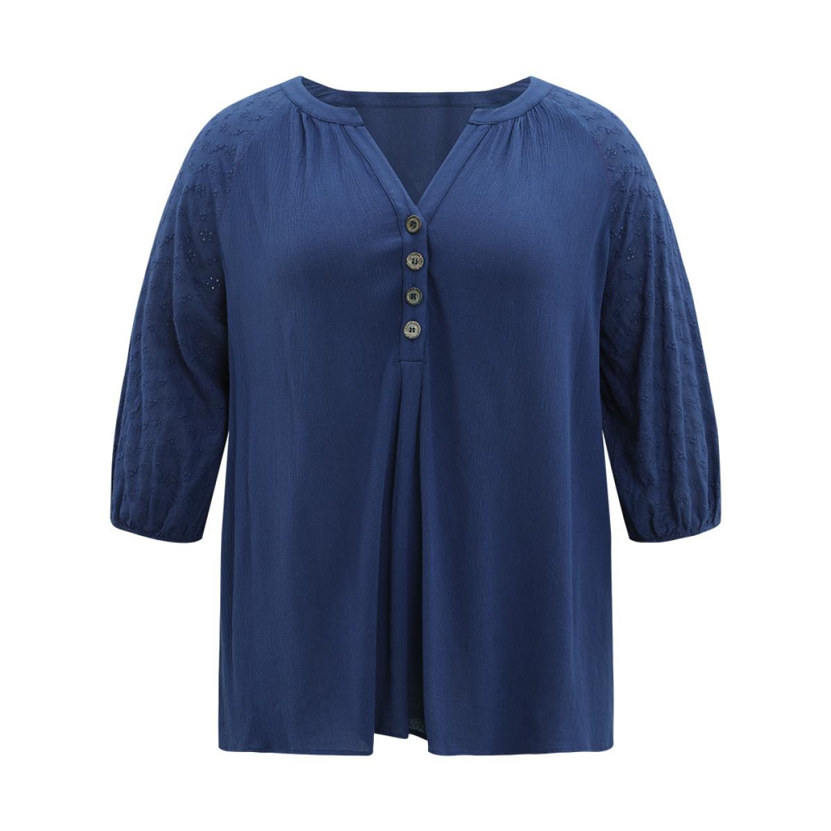 Plus Size Indigo Solid Button Up Patchwork Notched Lantern Sleeve Blouse Women Office Elbow-length sleeve Notched collar Office Blouses BloomChic 12/L Product Image