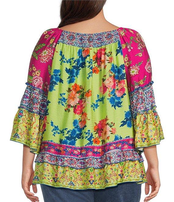 John Mark Plus Size Woven Mixed Print Scoop Neck 3/4 Flounce Sleeve Blouse Product Image