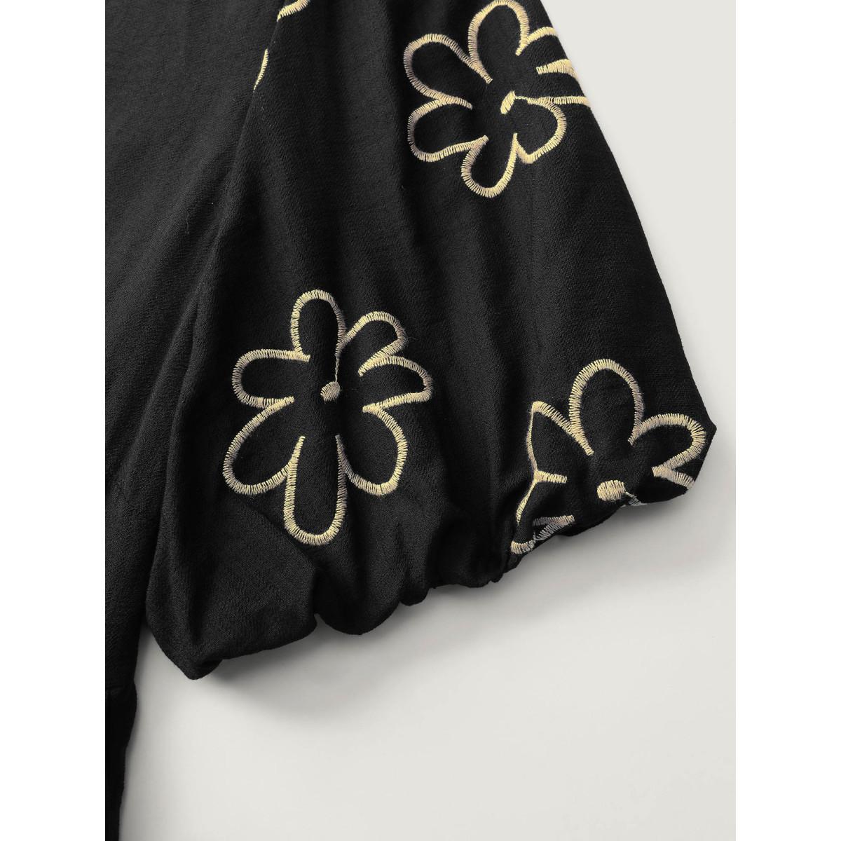 Plus Size Floral Embroidered Sleeve A-Line Midi Dress Black Women Leisure Tiered Flat collar with V-notch Half Sleeve Curvy BloomChic 18-20/2X Product Image