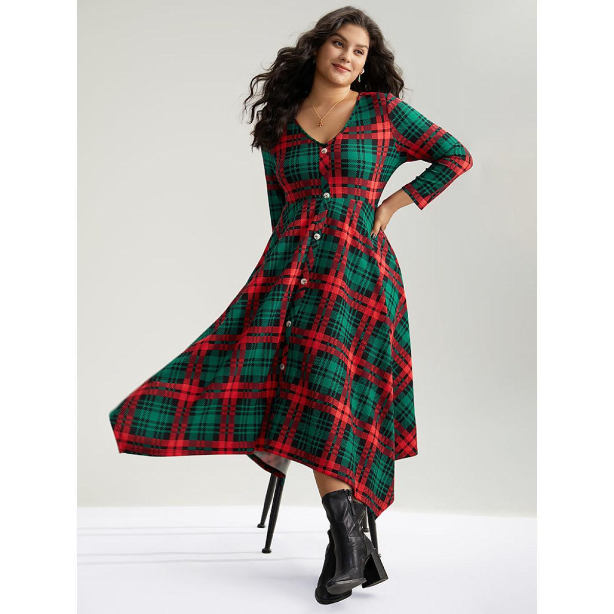 Plus Size Christmas Plaid Button Detail Hanky Hem Dress DarkGreen Women Casual Printed V-neck Long Sleeve Curvy Midi Dress BloomChic 10/M Product Image