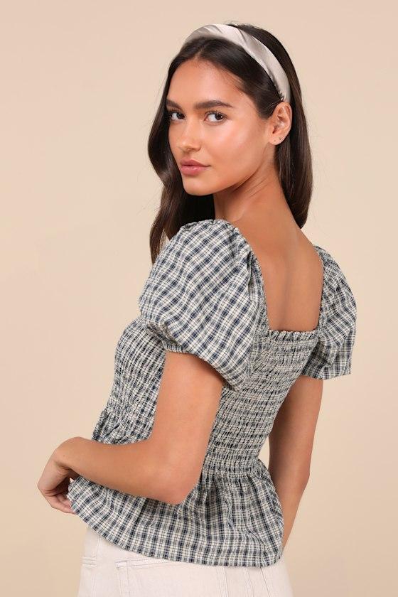 Charming Sense Cream and Navy Gingham Smocked Peplum Top Product Image