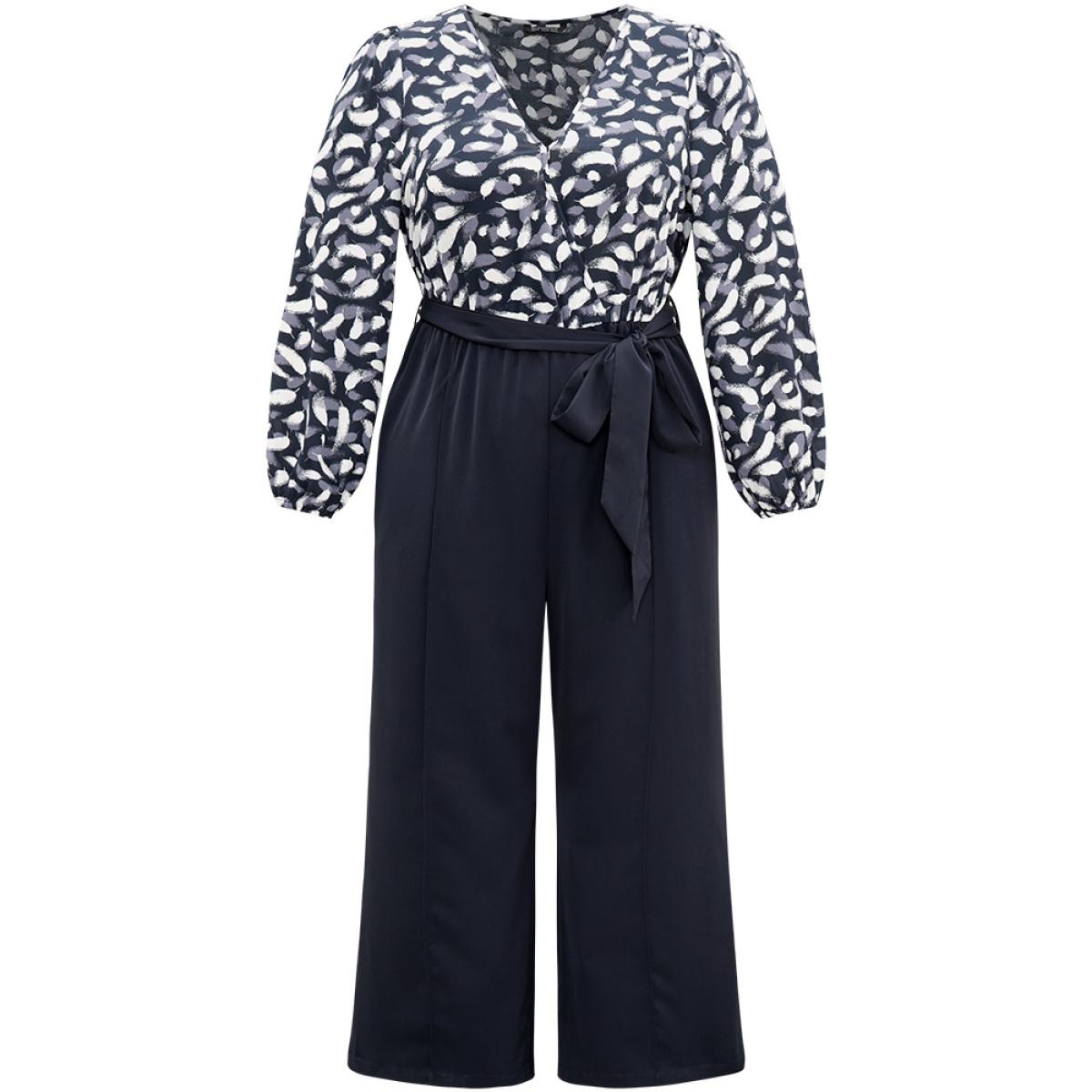 Plus Size Indigo Brush Print Patchwork Wrap Belted Jumpsuit Women Office Long Sleeve V-neck Festival-Christmas Loose Jumpsuits BloomChic 18-20/2X Product Image