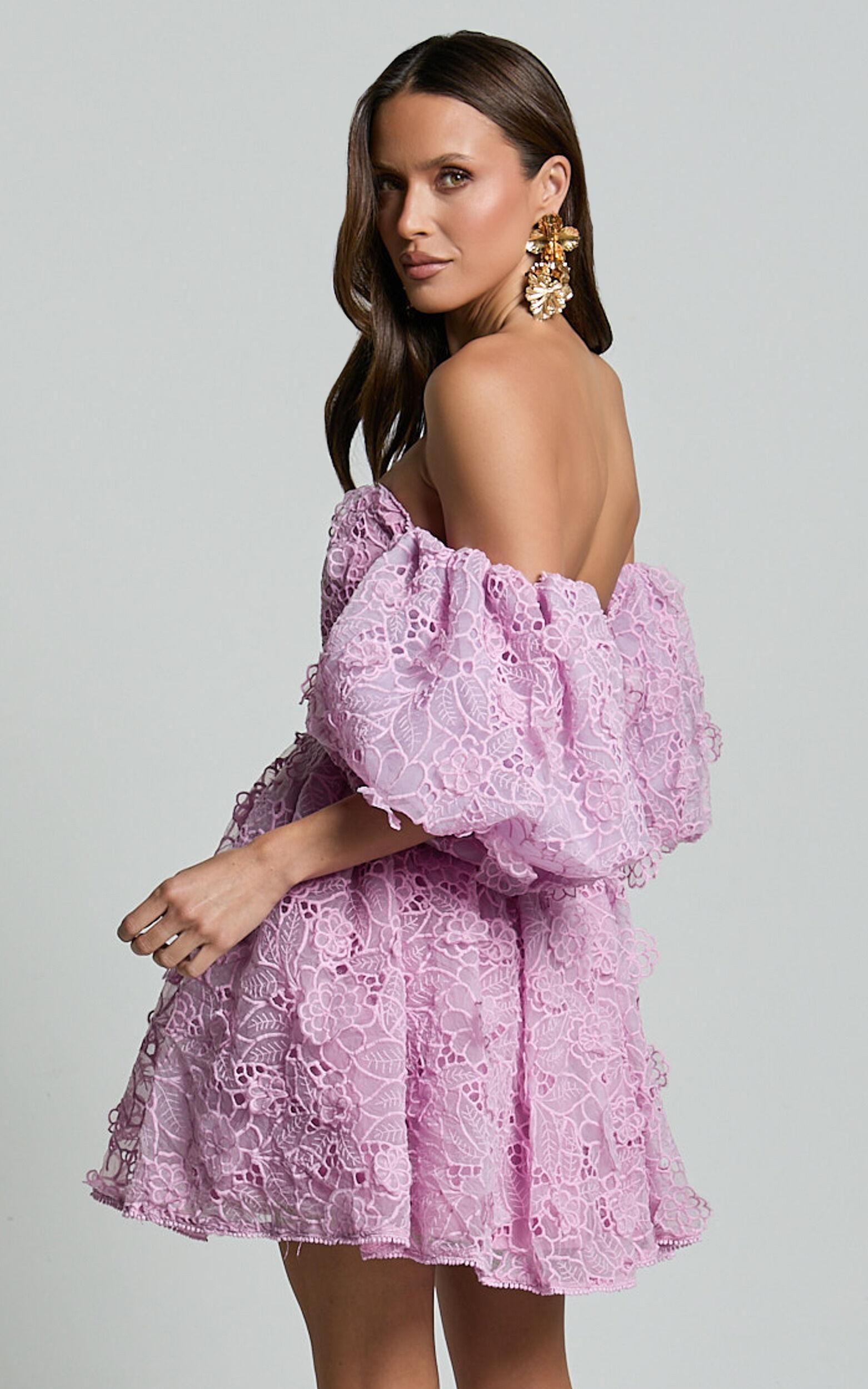 Amalie The Label - Lorena Sweetheart Off Shoulder Puff Sleeve Mini Dress in Purple Product Image