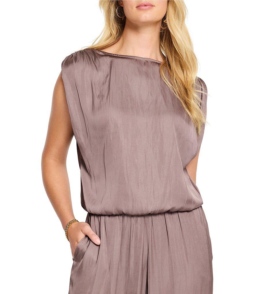 NIC + ZOE Glossy Sheen Boat Neck Ruched Shoulder Coordinating Sleeveless Top Product Image