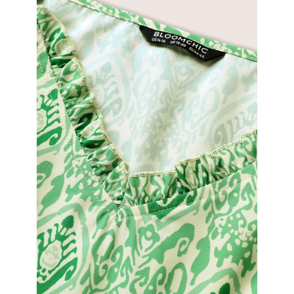 Plus Size Boho Print Frill Trim Ruffle Layered Hem Dress Moss Women Resort V-neck Sleeveless Curvy BloomChic 18-20/2X Product Image