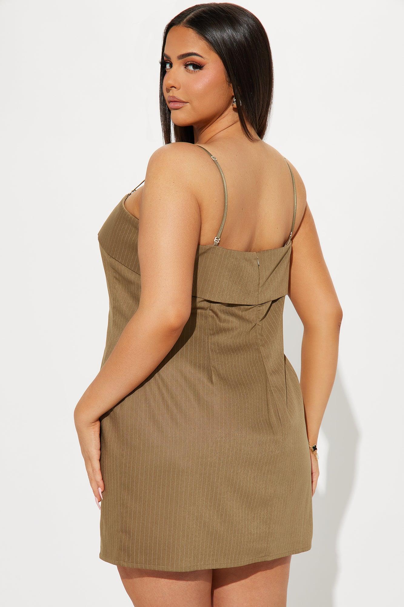 First Class Pinstripe Blazer and Mini Dress Set - Taupe Product Image