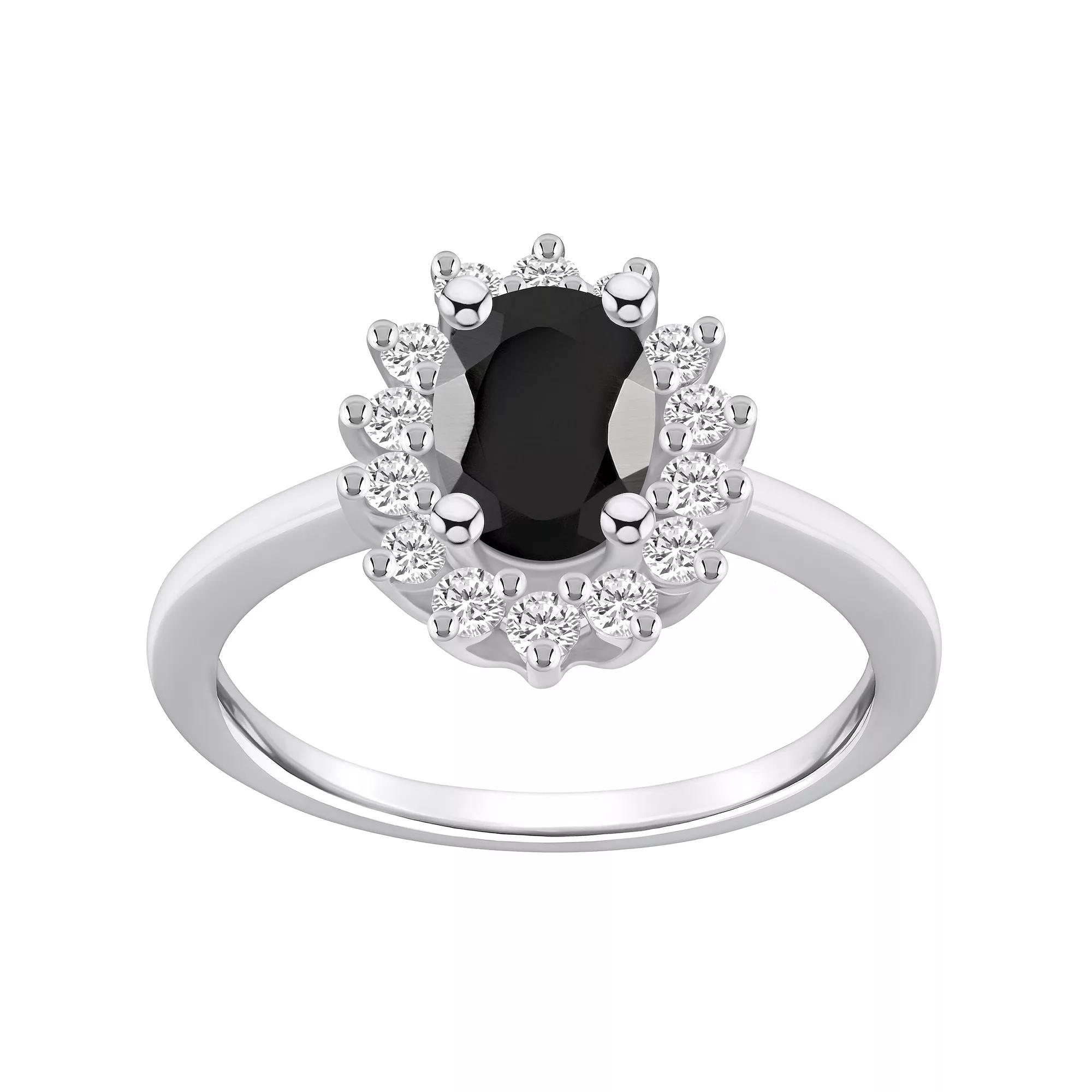 Alyson Layne 14k White Gold Oval Cut Onyx & 1/3 Carat T.W. Diamond Halo Ring, Women's, Size: 7, Black Product Image