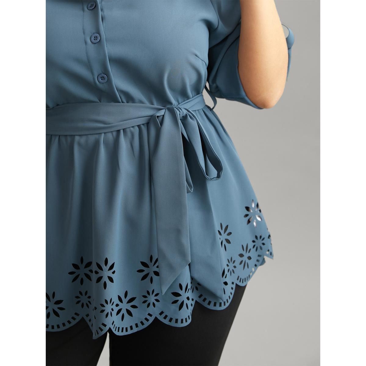 Plus Size Stone Static-Free Laser Cut Belted Scalloped Trim Blouse Women Office Long Sleeve Shirt collar Office Blouses BloomChic 10/M Product Image