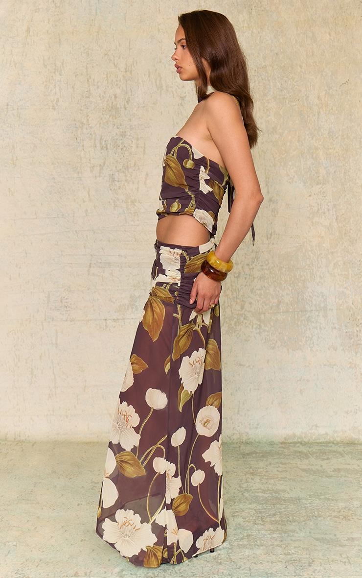 Dark Chocolate Floral Printed Chiffon Ruched Maxi Skirt Product Image