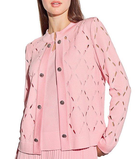 Ming Wang Soft Knit Diamond Cut-Out Round Neck Long Sleeve Jacket Product Image
