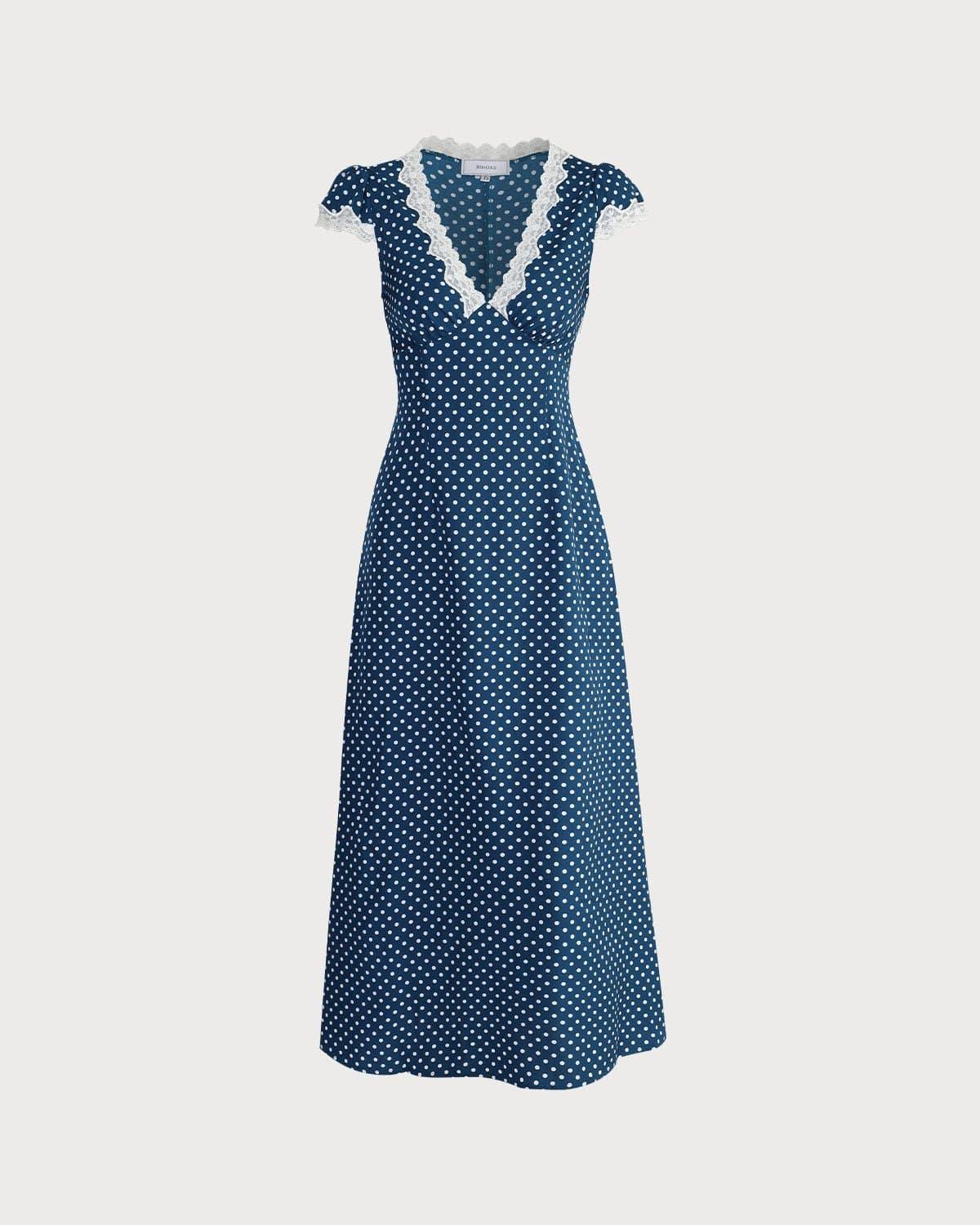 The Navy V Neck Polka Dot Lace Ruched Maxi Dress Product Image