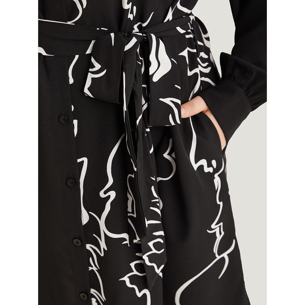 Plus Size Graphic Shirt Collar Pocket Button Through Belted Dress BlackFlower Women Office Belted Shirt collar Long Sleeve Curvy Knee Dress BloomChic 30/6X Product Image