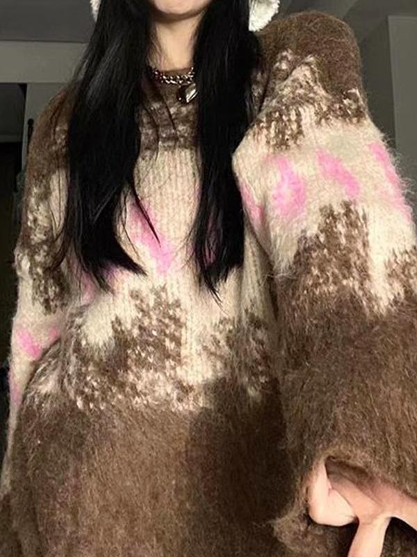 Fuzzy Contrast Color Print Oversized Sweater Product Image