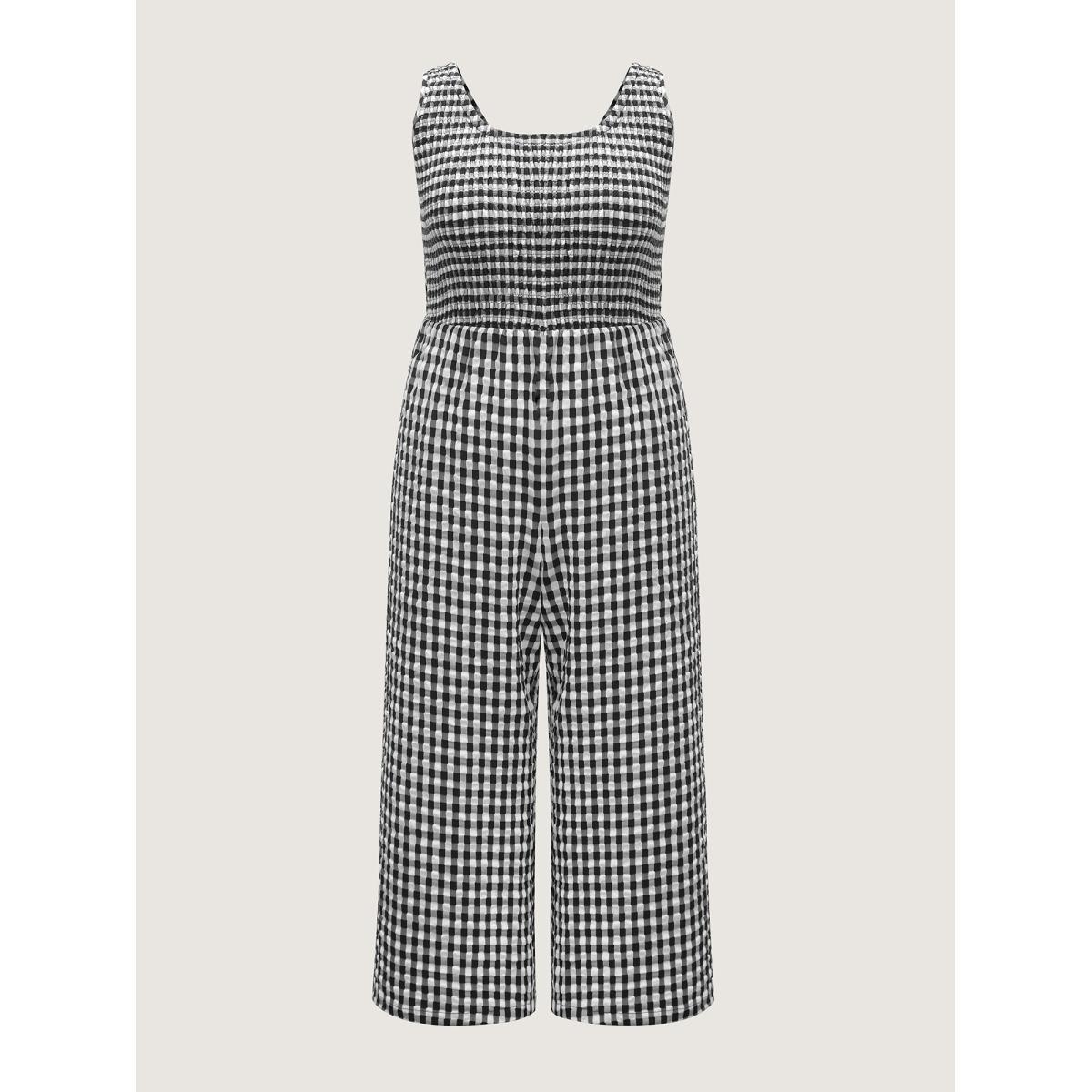 Plus Size Black Gingham Print Shirred Straight-Leg Jumpsuit Women Leisure Sleeveless U-neck Casual Loose Jumpsuits BloomChic 18-20/2X Product Image