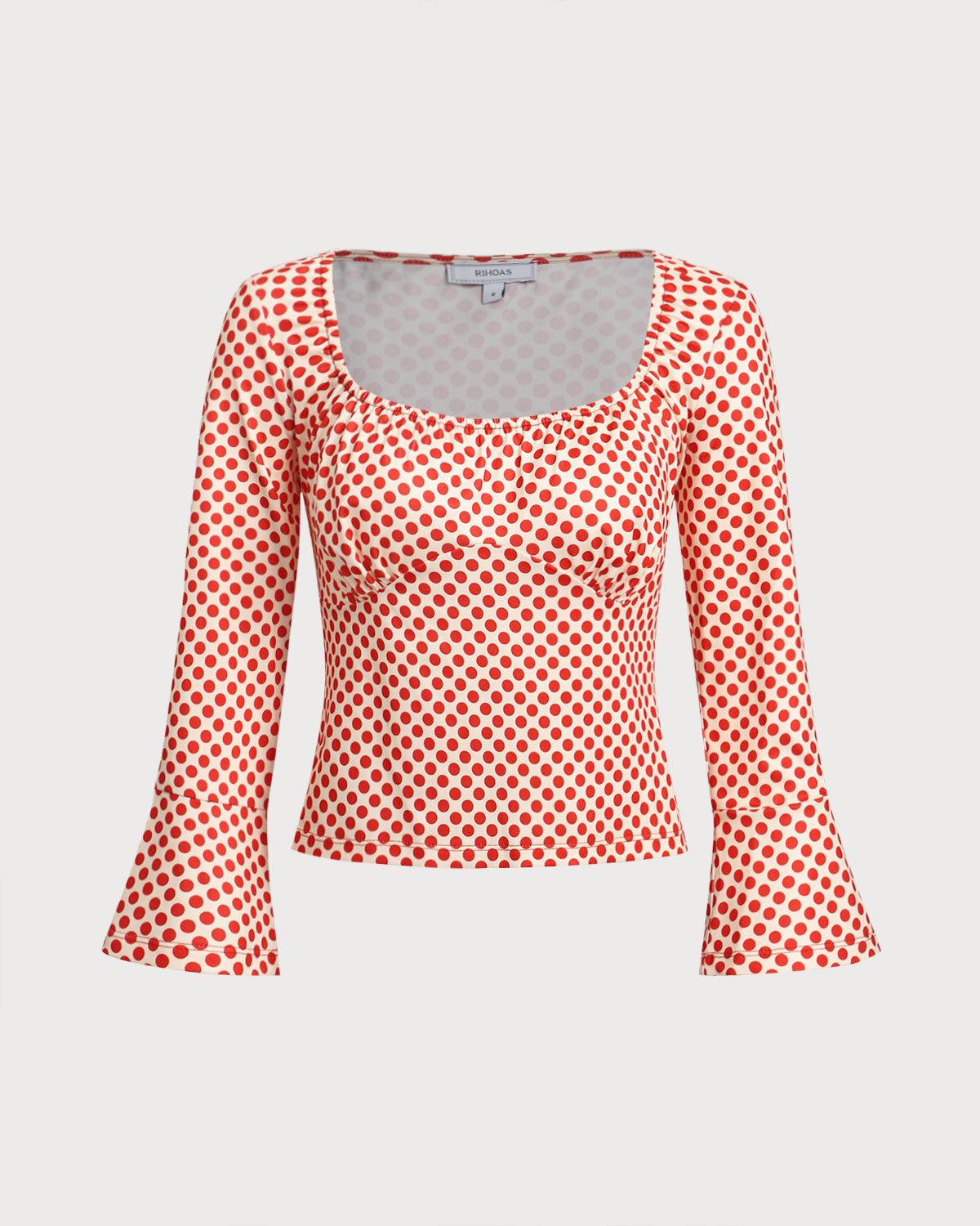 Red Polka Dot U-Neck Bell Sleeve Tee Product Image