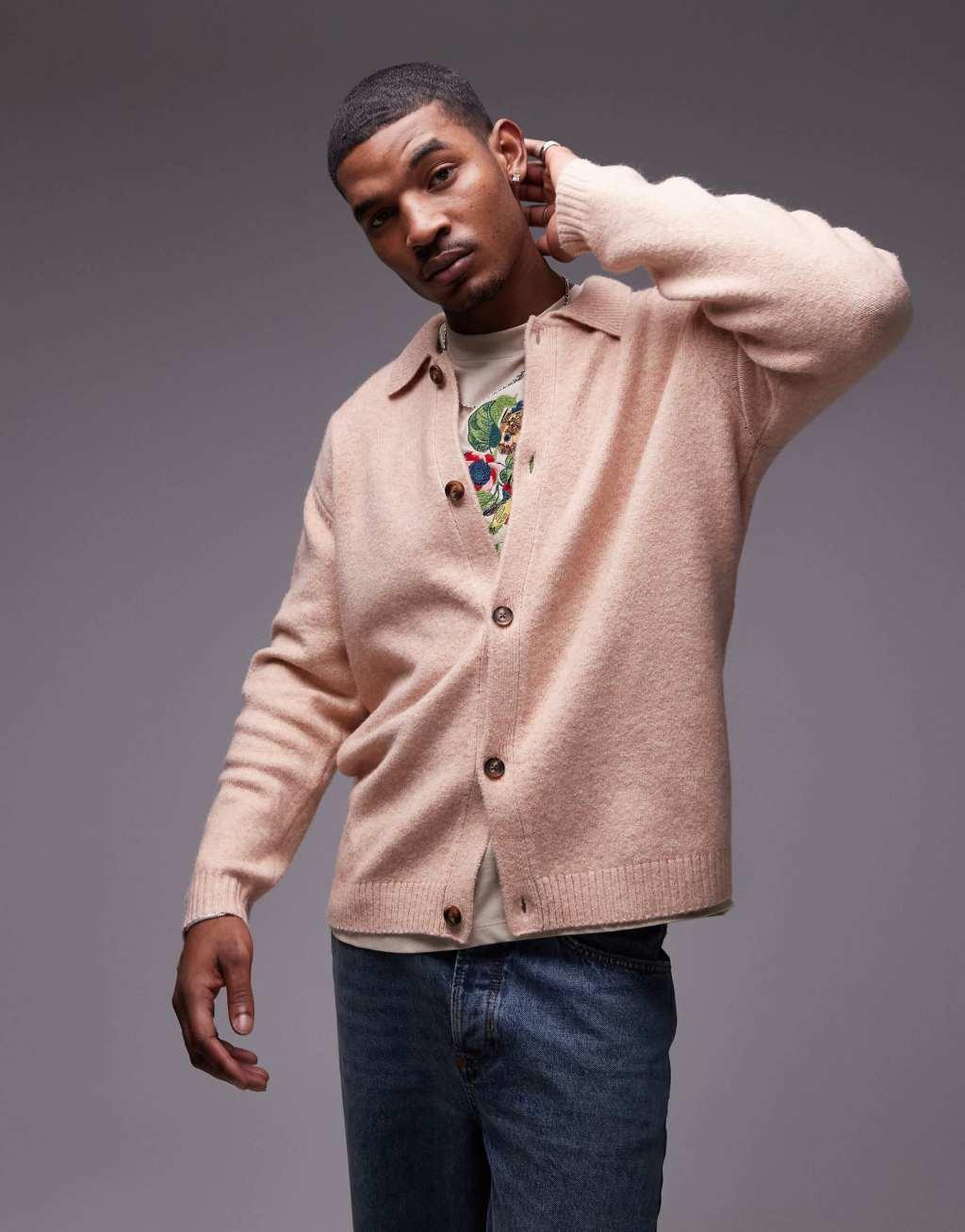 Topman knit button up cardigan in ecru Product Image