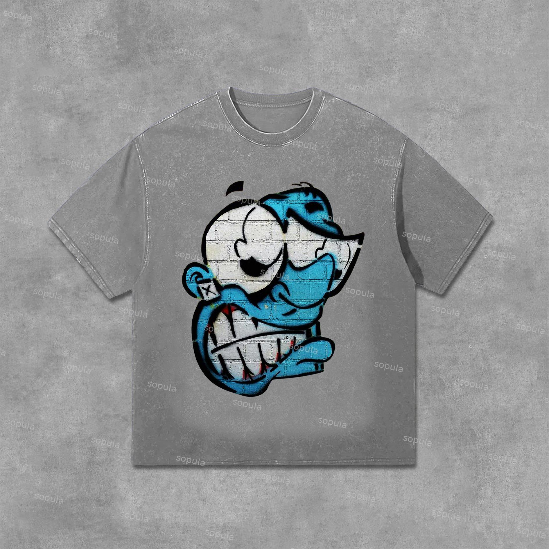 Sopula Vintage Cartoon Monster Graphic Print Casual Acid Washed T-Shirt Product Image