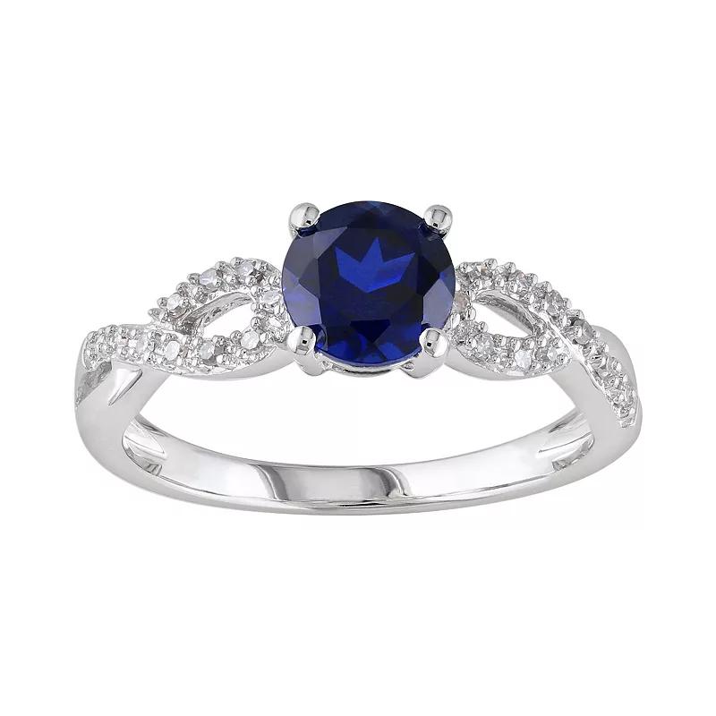 Stella Grace Lab-Created Sapphire and 1/10 Carat T.W. Diamond Engagement Ring in 10k White Gold, Women's, Size: 8, Blue Product Image