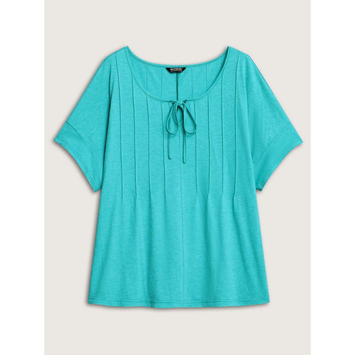 Plus Size Pleated Neck-Tie Solid T-Shirt Arctic Women Leisure Tucked seam Round Neck Casual T-shirts BloomChic 10/M Product Image