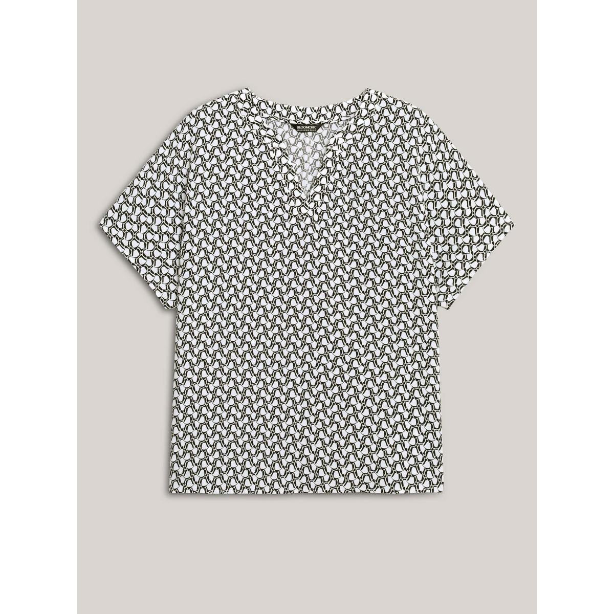 Plus Size Black Geometric Print Notched Collar Blouse Women Short sleeve Notched collar Work Blouses BloomChic 22-24/3X Product Image