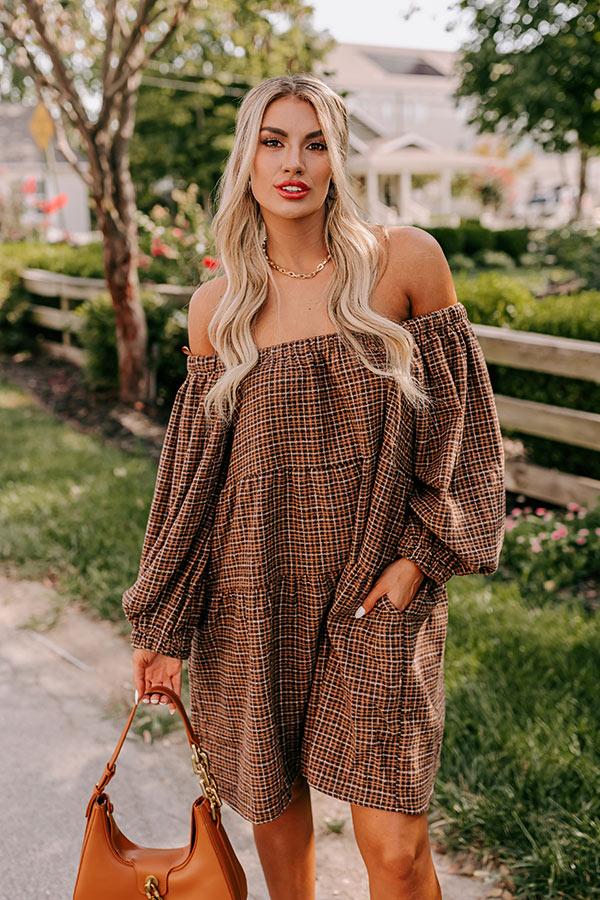 Pumpkin Spice Cutie Plaid Mini Dress in Brown Product Image