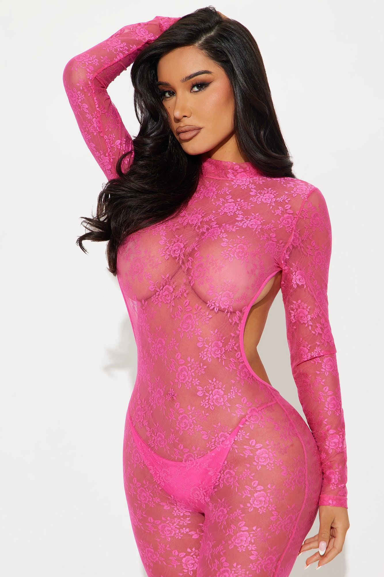 Only At Midnight Lace Jumpsuit Bodystocking - Hot Pink Product Image