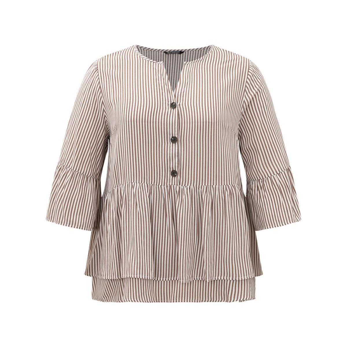 Plus Size Multicolor Striped Button Up Ruffles Bell Sleeve Blouse Women Office Elbow-length sleeve V-neck Office Blouses BloomChic 28/5X Product Image