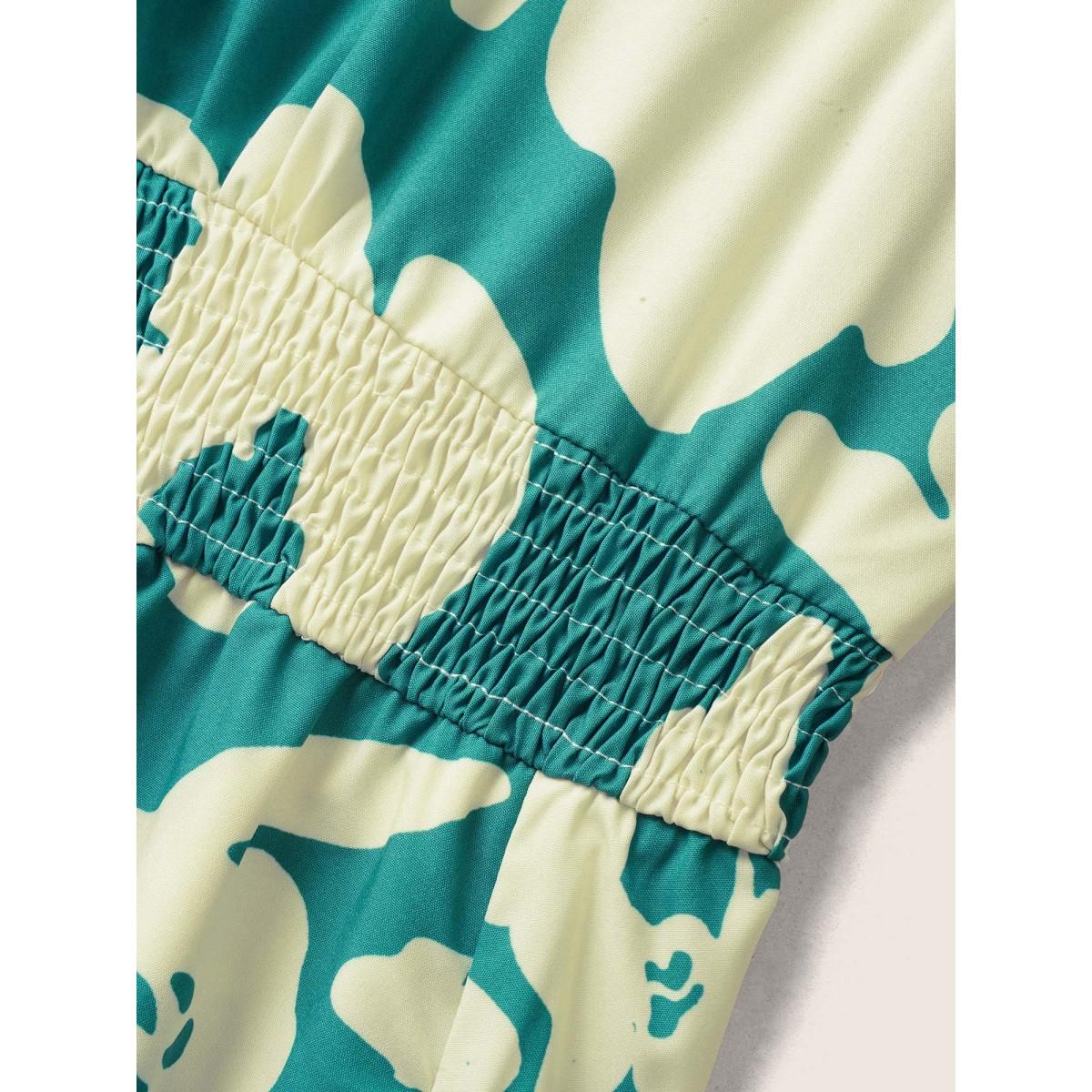 Plus Size Silhouette Floral Print Shirred Flutter Sleeve Dress Teal Women Elegant Gathered V-neck Short sleeve Curvy BloomChic 12/L Product Image