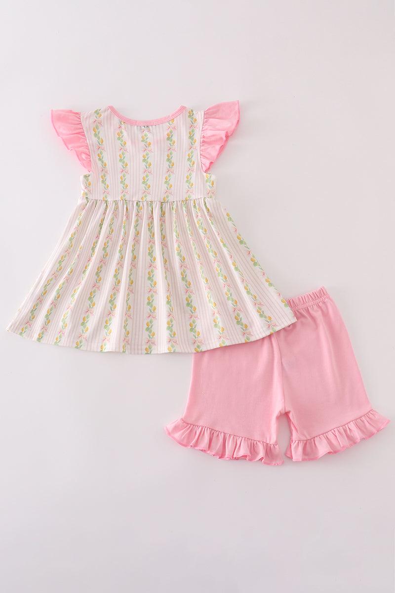 Pink lemon print bow ruffle shorts set Product Image