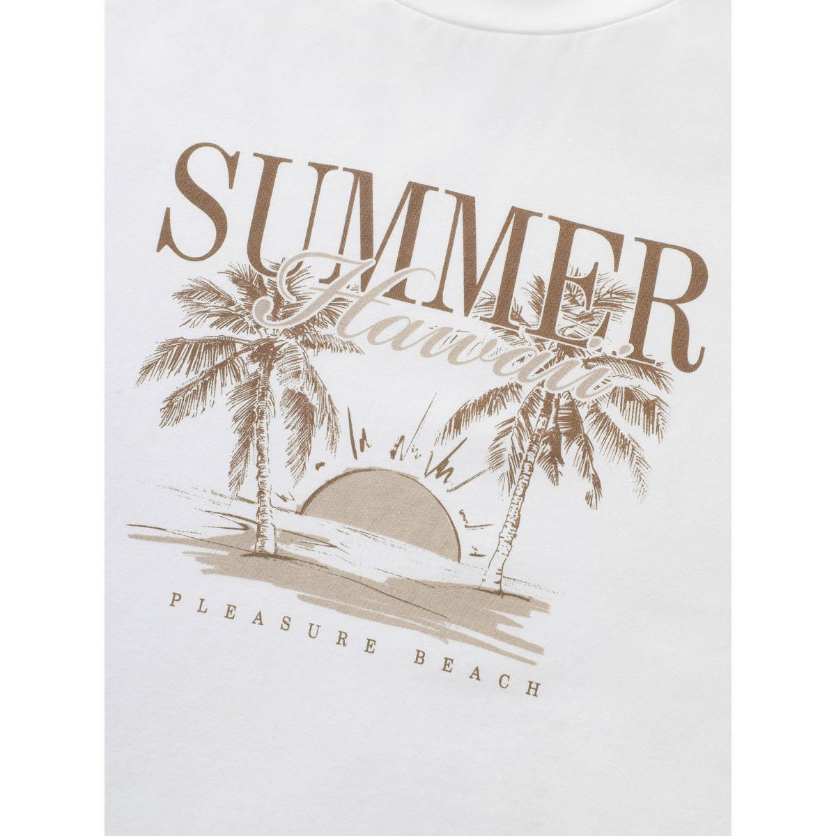Plus Size Tropical Landscape Print Round Neck T-shirt Originalwhite Women Resort Contrast Round Neck Vacation T-shirts BloomChic 26/4X Product Image