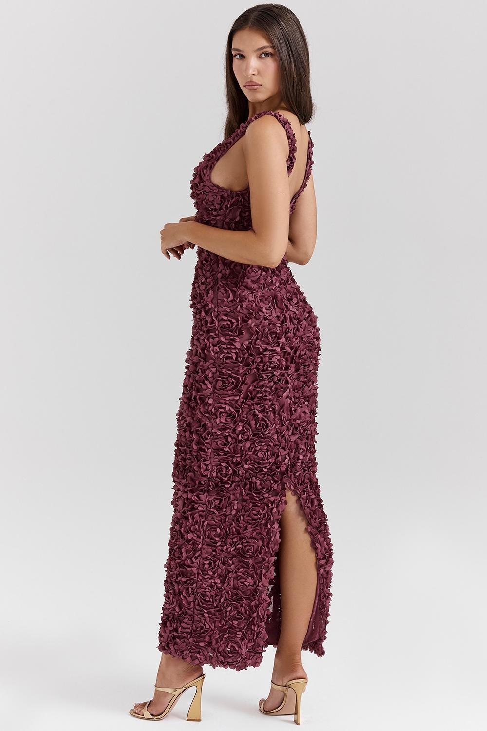 Carena  merlot plunge floral appliqué maxi dress Product Image