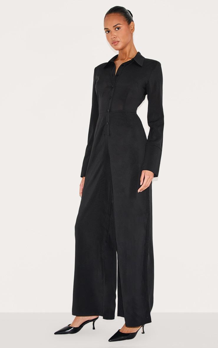  Black Chiffon Long Sleeve Cinched Wide Leg Jumpsuit Product Image