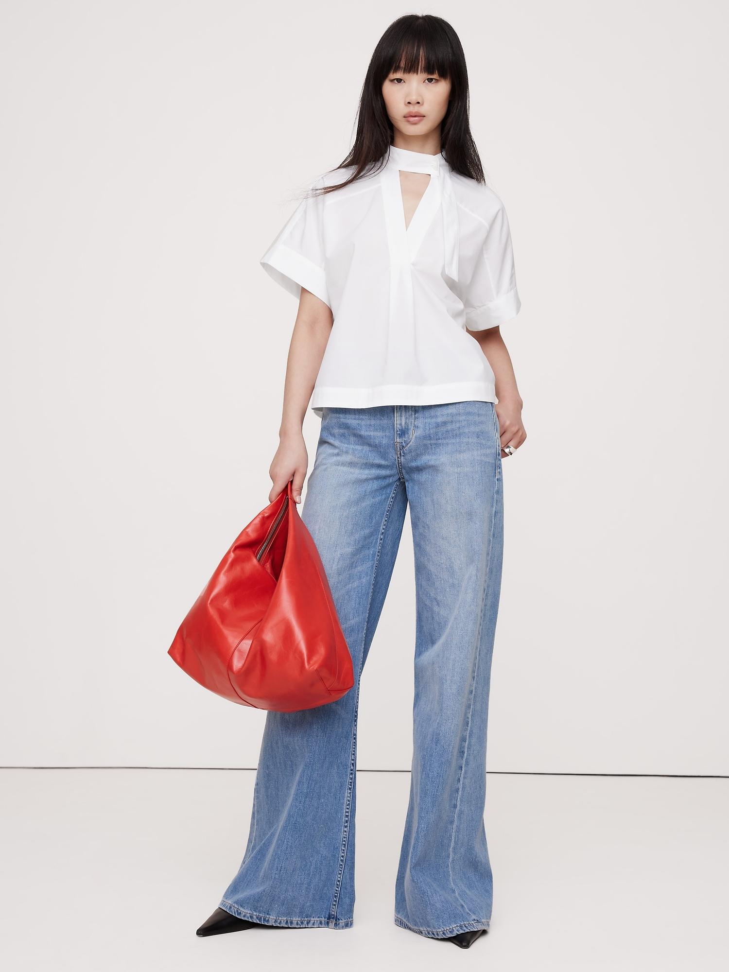 Cotton Poplin Popover Tie-Neck Top Product Image