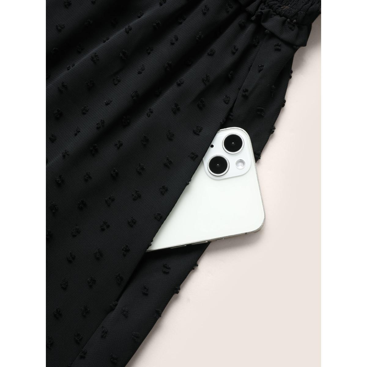 Plus Size Polka Dot Textured Mesh Shirred Drawstring Dress Black Women Romantic Texture V-neck Short sleeve Curvy BloomChic 22-24/3X Product Image