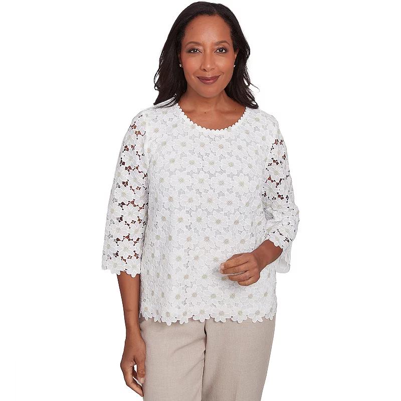 Women's Alfred Dunner Daisy Woven Lace Crewneck Top, Size: Large, Ivory Product Image
