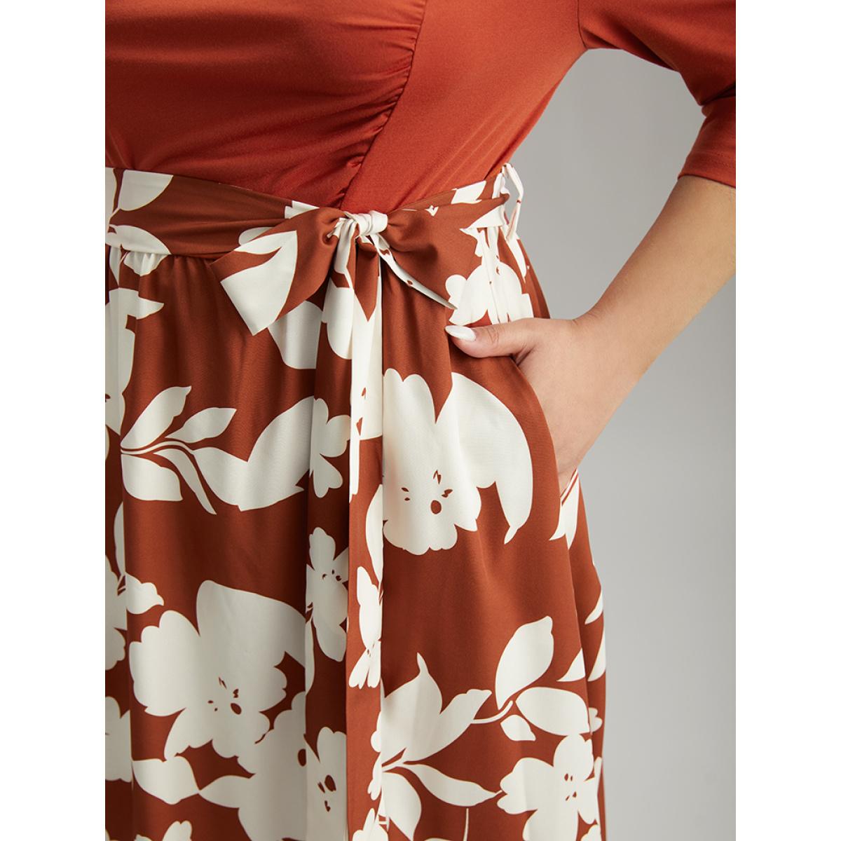 Plus Size Silhouette Floral Print Cowl Neck Belted Split Hem Dress Chocolate Women Office Gathered Cowl Neck Long Sleeve Curvy Midi Dress BloomChic 14-16/1X Product Image